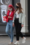 Minsk street fashion. 05/2020. Part 2 (looks: red jacket, white top, sky blue jeans, colored hair, white top, black jeans, black belt, white sneakers, sky blue jean jacket)