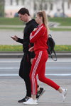 Minsk street fashion. 05/2020. Part 2 (looks: black hoody, black sport trousers, red sports suit, horsetail (hairstyle), white sneakers)