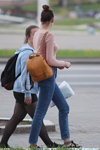 Minsk street fashion. 05/2020. Part 2 (looks: pink jumper, red backpack, blue jeans, bun (hairstyle))