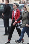 Minsk street fashion. 05/2020. Part 2 (looks: red leather biker jacket, white top, checkered black and white blouse, black trousers, red cotton socks, black high top sneakers)