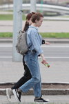 Minsk street fashion. 05/2020. Part 2 (looks: sky blue blouse, sky blue jeans, striped black and white socks, black sneakers, grey backpack, bun (hairstyle))
