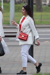 Minsk street fashion. 05/2020. Part 2 (looks: white blazer, red top, red bag, white jeans, white socks, black pumps)