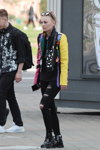 Minsk street fashion. 05/2020. Part 2 (looks: multicolored leather biker jacket, black top, black ripped jeans, black boots)