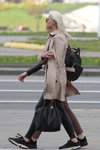 Minsk street fashion. 05/2020. Part 2 (looks: beige trench coat, black sneakers, black bag, blond hair, black leather leggings)