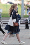 Minsk street fashion. 05/2020. Part 2 (looks: blue trench coat, white sheer tights, brown bag, white sneakers, horsetail (hairstyle))