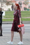 Minsk street fashion. 05/2020. Part 2 (looks: red hair, plaid multicolored blouse, burgundy skirt, nude sheer tights, white sneakers)