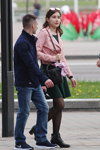 Minsk street fashion. 05/2020. Part 2 (looks: blue jacket, pink leather biker jacket, green dress, black tights, black ankle boots, black bag)