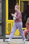 Minsk street fashion. 05/2020. Part 2 (looks: , lilac sport trousers, white cotton socks, grey sneakers, bun (hairstyle))