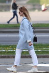 Minsk street fashion. 05/2020. Part 2 (looks: sky blue coat, white jeans, white socks, white sneakers)