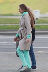 Minsk street fashion. 05/2020. Part 2 (looks: beige coat, turquoise sports suit, horsetail (hairstyle), grey pumps)