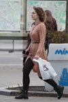 Minsk street fashion. 05/2020. Part 2 (looks: brown polka dot shirtdress, black tights, black boots, black belt)