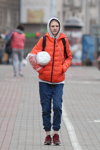 Minsk street fashion. 05/2020. Part 5 (looks: red quilted jacket, blue jeans, burgundy sneakers)