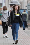 Minsk street fashion. 05/2020. Part 5 (looks: black leather jacket, sky blue jeans, white sneakers)
