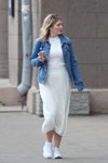 Minsk street fashion. 05/2020. Part 5 (looks: sky blue jean jacket, white jumper, white skirt, white sneakers)