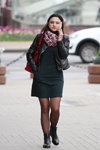Minsk street fashion. 05/2020. Part 5 (looks: black leather jacket, red bag, green mini dress, black sheer tights)