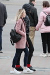 Minsk street fashion. 05/2020. Part 5 (looks: pink coat, blue jeans, white polka dot socks, white sneakers, black backpack)