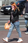 Minsk street fashion. 05/2020. Part 7 (looks: black leather jacket, red hair, sky blue jeans, white sneakers)