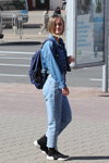 Minsk street fashion. 05/2020. Part 7 (looks: sky blue jean jacket, sky blue jeans, blue backpack)