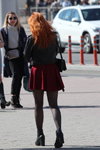 Minsk street fashion. 05/2020. Part 7 (looks: black ankle boots, black tights, black leather biker jacket, burgundy mini skirt, red hair)