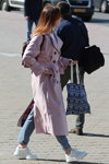 Minsk street fashion. 05/2020. Part 7 (looks: pink trench coat, sky blue jeans, white sneakers)