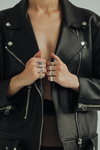 LAU jewellery 2020 lookbook (looks: black leather biker jacket)