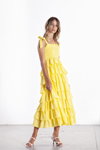 Лукбук Odi et Amo SS 2021 (наряди й образи: жовта сукня міді з брижем, білі босоніжки)