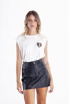 Odi et Amo SS 2021 lookbook (looks: white top, black mini leather skirt)
