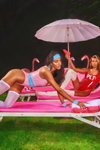 PrettyLittleThing Halloween 2021 lingerie campaign (looks: white overknees, pink closed swimsuit, , pink sandals, white knee high boots, red closed swimsuit)