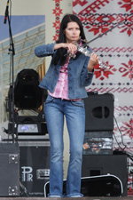 25.08.2012. Alina Migas (looks: sky blue jean jacket, sky blue jeans, pink checkered blouse)