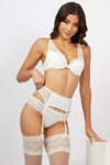 Boux Avenue 2022 bridal lookbook (looks: white stockings with wide lace top, white bra, white briefs, white garter belt)