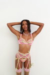 Jasmine Tookes. For Love & Lemons for Victoria’s Secret lingerie campaign. Summer 2022 (looks: nude stockings)