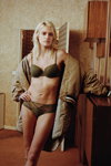 Stella Duval. Passionata by Chantelle FW22/23 lingerie campaign (looks: khaki bra, khaki briefs, blond hair)