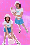 Kampania Primark HS 2022 (ubrania i obraz: dżinsowa spódnica mini błękitna, top biały)