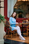 Irina. Romantic mood. Photoshoot (looks: white stockings with lace top, sky blue blazer dress, white sandals)