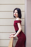 Irina. Hosiery photoshoot (looks: burgundy dress with slit)