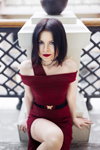 Irina. Hosiery photoshoot (looks: nude stockings with lace top, burgundy dress with slit)