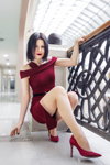 Irina. Hosiery photoshoot (looks: nude stockings with lace top, red pumps, burgundy dress with slit)
