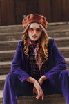 Bialcon AW 22/23 campaign (looks: violet pantsuit, terracotta beret, Sunglasses)