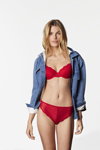 Etam FW 23 lingerie campaign. Part 4 (looks: sky blue denim shirt, red bra, red briefs)