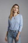 Lookbook Lavender Hill 2023 (ubrania i obraz: pulower pasiasty niebiesko-biały, jeansy błękitne)