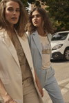 Кампания MOS MOSH SS 23 (наряды и образы: белый жилет, топ цвета кофе с молоком, белые джинсы, голубой брючный костюм, белый топ)