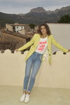 MOS MOSH SS 23 campaign (looks: yellow blazer, white top with slogan, sky blue jeans)