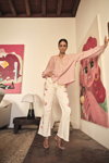 MOS MOSH SS 23 campaign (looks: pink blouse, white trousers, gold sandals)