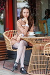 Oksana. Openwork tights photoshoot (looks: white openwork tights, black pumps, nude skirt suit)