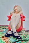 Nika. Stylish photoshoot (looks: white overknees, fuchsiaminicocktail dress, blue sandals)