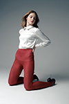 Julia. Tights photoshoot. 2024 (looks: red tights, white blouse, black pumps)