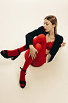 Red 2. Tights photoshoot (looks: red tights, red guipure bra, black blazer, black sandals)