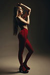 Red 2. Tights photoshoot (looks: red tights, red guipure bra, black sandals, red lace garter belt)