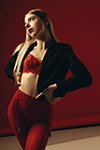 Red 2. Tights photoshoot (looks: red tights, red guipure bra, black blazer, red lace garter belt)