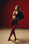 Red 2. Tights photoshoot (looks: red tights, red guipure bra, black blazer, red lace garter belt)